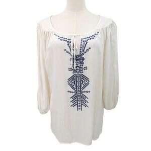 White Blue Boho Embroidered Tunic Top L Peasant Blouse Cottagecore Folk